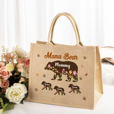 Personalized Mama Bear Burlap Tote Bag with Kids' Names, Large Capacity Jute Handbag, Shopping Bag, Birthday/Mother's Day Gift for Her/Mom/Grandma