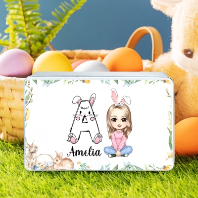 Personalized Bunny Alphabet Cartoon Character Easter Treat Tin Box, Easter Candy/Cookie/Chocolate Storage, Easter Gift for Kids/Boys/Girls