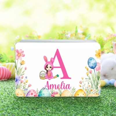 Personalized Bunny Cartoon Character Easter Egg Hunt Biscuit Tin Box, Custom Initial & Name Easter Storage Box, Easter Gift for Kids/Boys/Girls