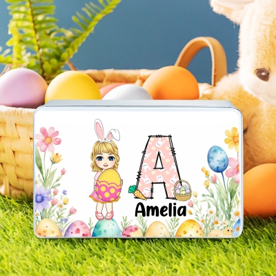 Personalized Cute Cartoon Character Hug Easter Egg Treat Tin Box with Name, Easter Candy/Cookie/Chocolate Storage, Easter Gift for Kids/Boys/Girls
