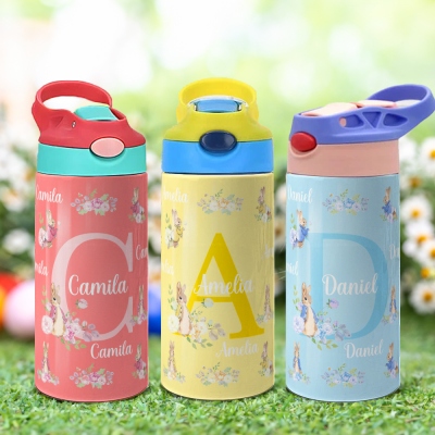 Custom Name & Initial Floral Peter Rabbit Water Bottle, Stainless Steel 12oz Cup with Silicone Straw & Spill-Proof Lid, Birthday/Easter Gift for Kids