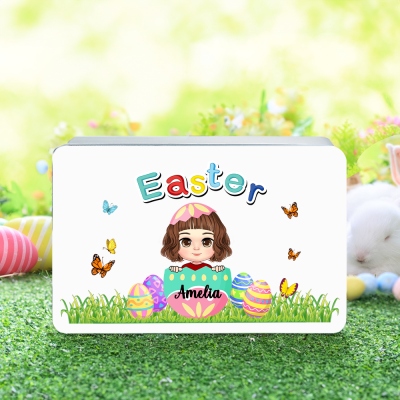 Personalized Easter Eggshell Cartoon Character Butterfly Treat Tin, Easter Candy/Cookie/Chocolate Storage Box, Easter Party Favor, Gift for Boys/Girls