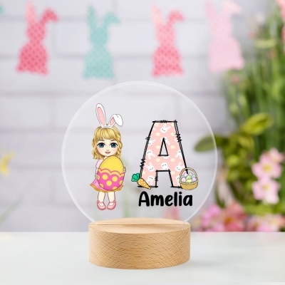 Personalized Cartoon Character Hug Easter Egg Night Light, Custom Alphabet & Name Acrylic Night Lamp with Wooden Base, Easter Gift for Newborns/Kids