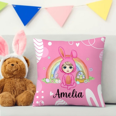 Personalized Bunny Cartoon Character Floral Rainbow Pillow Cover, Custom Name Easter Pillow Case, Easter Party Favor, Easter Gift for Kids/ Boys/Girls
