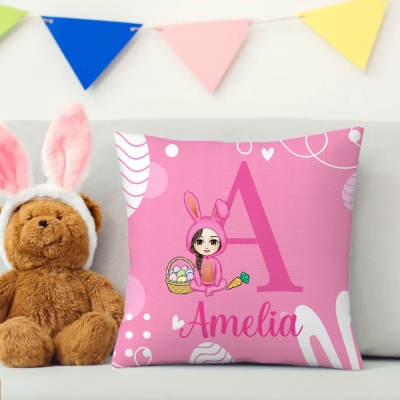 Personalized Colorful Bunny Cartoon Character Pillow with Alphabet, Custom Name Easter Pillow Case, Easter Home Decor, Easter Gift for Boys/Girls