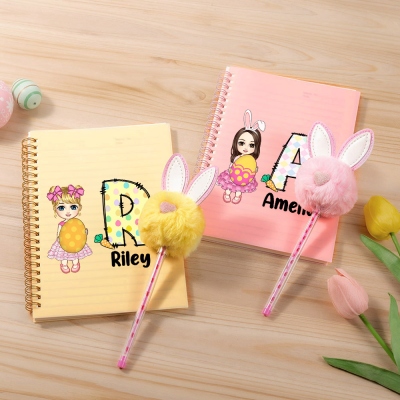 Personalized Cartoon Character Alphabet Spiral Notebook & Bunny Pom Pom Pen Set, Easter Basket Stuffers, Easter/Back to School Gift for Boys/Girls
