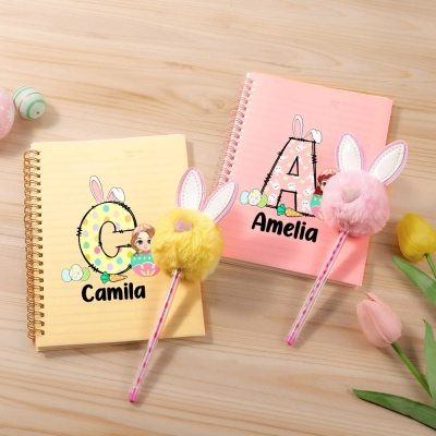 Personalized Multicolor Easter Eggshell Cartoon Character Spiral Notebook & Bunny Pom Pom Pen Set, Easter Basket Stuffers, Easter Gift for Boys/Girls
