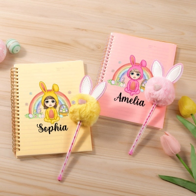 Personalized Cartoon Character Rainbow Floral Spiral Notebook & Bunny Pom Pom Pen Set, Easter Basket Stuffers, Easter Gift for Kids/Boys/Girls