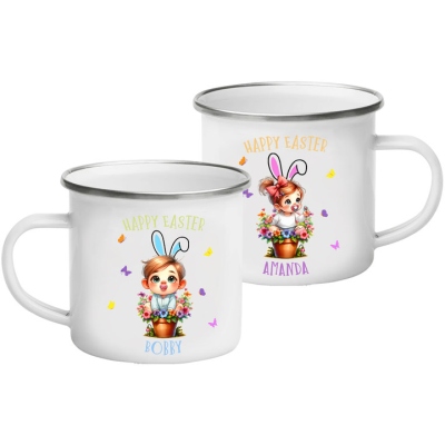 Personalized Cute Cartoon Easter Bunny Flower Pot Enamel Mug, Custom 11oz Kid Name Mug for Hot Chocolate/Milk, Easter Gift for Kids/Boys/Girls