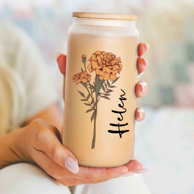 Custom Name Birth Flower Glass Cup, Frosted/Clear Glass Tumbler with Straw & Bamboo Lid, Birthday/Mother's Day/Wedding Gift for Her/Mom/Bridesmaids