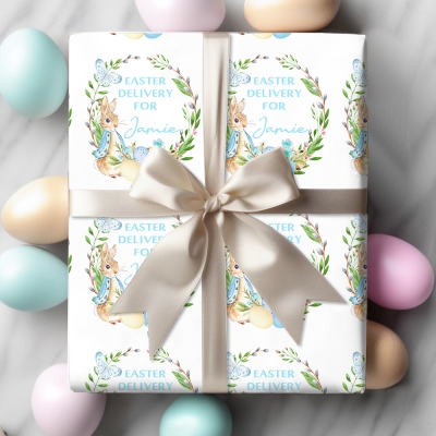Personalized Easter Bunny Wrapping Paper with Custom Name, Cute Rabbit Gift Wrap for Kids, Easter Party Favor Packaging