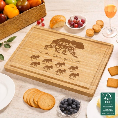 Custom Engraved Floral Bear Mama & Cubs Cutting Board, Bamboo Chopping Board, Kitchen Accessory, Birthday/Mother's Day Gift for Mom/Grandma/Family