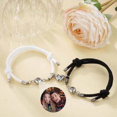 Personalized Dainty Photo Projection Bracelet, Magnetic Heart Initials Matching Rope Bracelet for Couple, Valentine's Day/Anniversary Gift for Her/Him