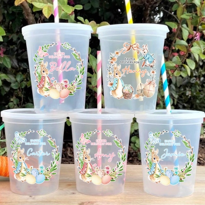 Personalized Easter Cups for Kids with Custom Name, Bunny Cup with Lid & Straw, Easter Basket Stuffer, Party Favor, Cute Easter Decor
