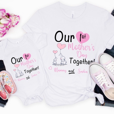 Custom Our First Mother's Day Parent-Child Clothing Matching Shirts, Elephant Balloon Cotton Mom T-Shirt & Baby Bodysuit Set, Gift for New Mom/Newborn