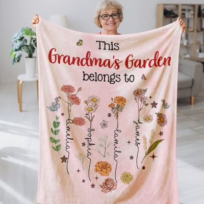 Custom Names & Birth Flowers Grandma's Garden Blanket, Flannel/Sherpa Soft Bed Couch Throw, Home Decor, Housewarming/Mother's Day Gift for Mom/Grandma