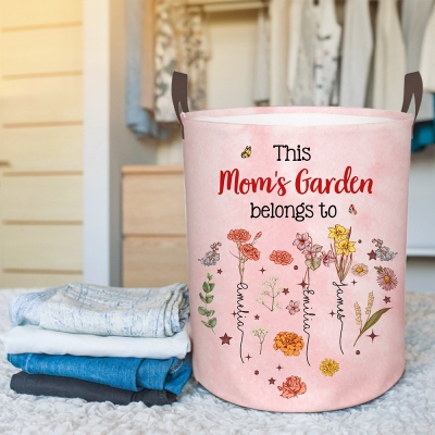 Custom Names & Birth Flowers Mama's Garden Storage Basket, Large Capacity Oxford Cloth Laundry Basket for Clothes, Mother's Day Gift for Mom/Grandma