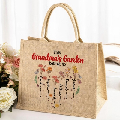 Custom Names & Birth Flowers Grandma's Garden Burlap Tote Bag, Large Capacity Jute Handbag, Shopping Bag, Birthday/Mother's Day Gift for Mom/Grandma