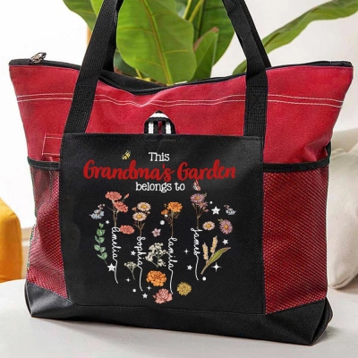 Custom Names & Birth Flowers Grandma's Garden Tote Bag, Large Capacity Oxford Cloth Handbag with Mesh Pocket, Mother's Day Gift for Wife/Mom/Grandma