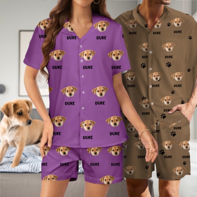 Personalized Names & Pet Portraits Pajamas Set, Custom Relaxed Short PJ Set for Adults & Kids, Birthday/Christmas Gift for Pet Lovers/Family/Kids