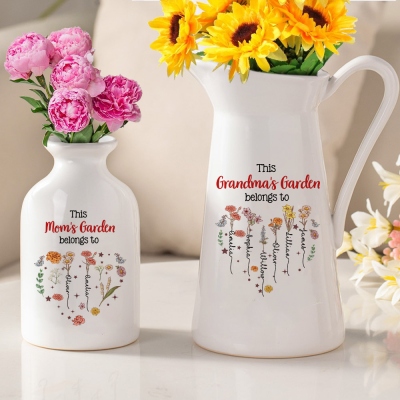 Custom Names & Birth Flowers Grandma's Garden Vase, Woman's Ceramic Mug Vase, Home Decor, Mother's Day/Birthday Gift for Mom/Grandma/Gardening Lovers