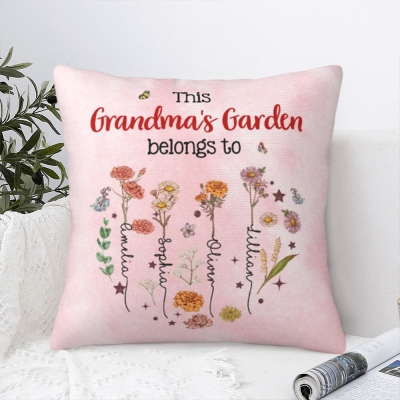 Custom Names & Birth Flowers Grandma's Garden Pillowcase, Pillow Cover with Optional Insert, Home Decor, Mother's Day/Birthday Gift for Mom/Grandma