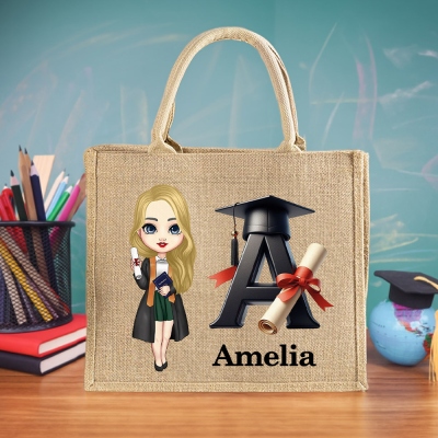 Personalized Cartoon Graduation Character Jute Bag with Bachelor Hat Letter, Large Capacity Graduation Gift Bag, Gift for Classmates/Friends/Graduates