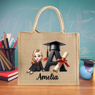 Personalized Cartoon Graduation Character Jute Bag, Custom Alphabet & Name Graduation Tote Bag, Graduation Party Favor, Graduation Gift for Girl/Her