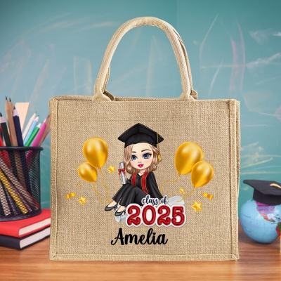 Personalized Name Cartoon Graduation Character Balloon Jute Bag, Custom Class of 2025 Graduation Gift Bag, Graduation Gift for Daughter/Sister/Her
