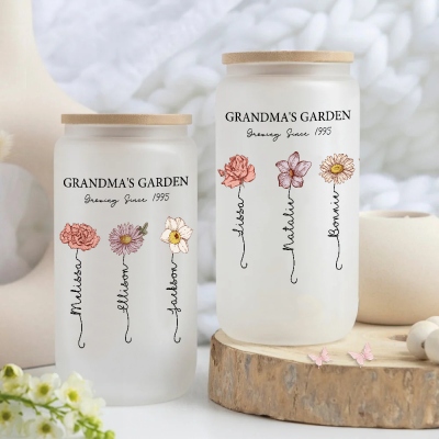 Custom Names & Birth Flowers Grandma's Garden Glass Cup, Frosted Glass Tumbler with Straw & Bamboo Lid, Birthday/Mother's Day Gift for Her/Mom/Grandma