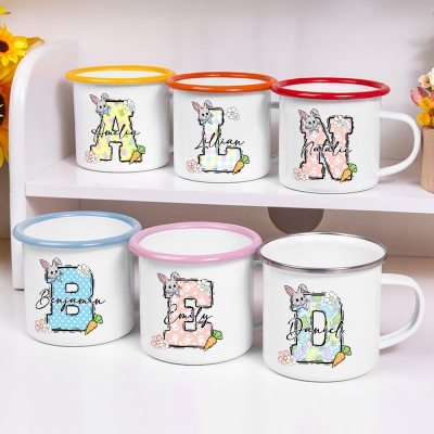 Personalized Initial & Name Bunny Floral Enamel Mug, 11oz Shatterproof Cup with Handle, Easter Party Favors, Easter Gift for Kids/Boys/Girls/Family