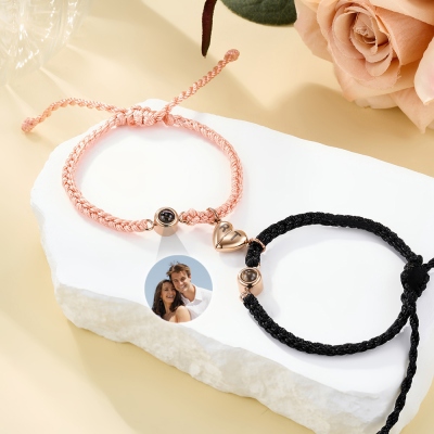 Personalized Photo Projection Bracelets, Magnetic Matching Heart Initials Braided Bracelets for Couple, Valentine's Day/Anniversary Gift for Her/Him
