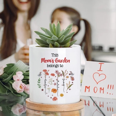 Custom Names & Birth Flowers Grandma's Garden Planter, Ceramic Plant Pot with Drainage & Bamboo Tray, Birthday/Mother's Day Gift for Her/Mom/Grandma