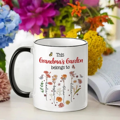 Personalized Names & Birth Flowers Grandma's Heart Garden Mug, 11oz Ceramic Two Tone Cup, Birthday/Mother's Day Gift for Wife/Mom/Grandma/Family