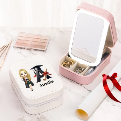 Personalized Cartoon Graduation Character Makeup Mirror Box with LED Lights, Custom Alphabet Name Portable Leather Jewelry Box, Gift for Women/Girls
