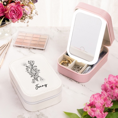 Custom Name Birth Flower DNA Strand Makeup Box with Three-Color LED Light Mirror, Travel Makeup Jewelry Box, Gift for Her/Mom/Sisters/Obstetricians