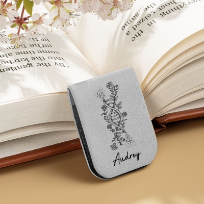 Personalized Name Birth Flower DNA Leather Bookmark, Magnetic Bookmark Clip, Page Marker, Book Accessory, Gift for Mom/Doctors/Geneticists/Book Lovers