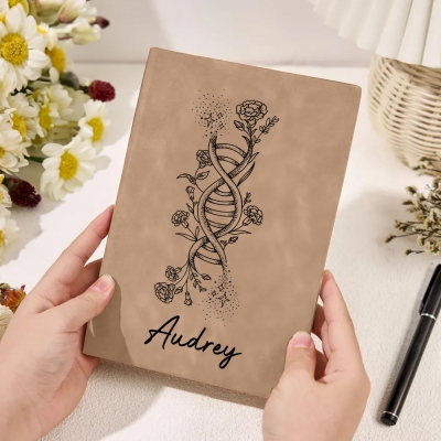 Personalized Birth Flower DNA Strand Notebook with Name, A5/A6 Leather Journal, Graduation/Birthday/Christmas Gift for Mom/Sisters/Doctors/Geneticists