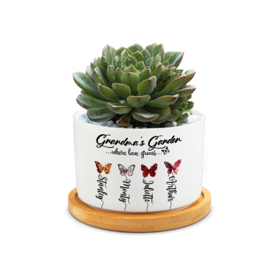 Custom Names Birth Month Butterflies of Grandma's Garden Plant Pot, Ceramic Planter with Drainage & Bamboo Tray, Mother's Day Gift for Mom/Grandma