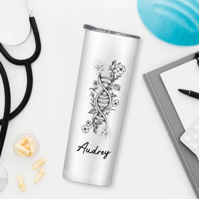 Custom Name Birth Flower DNA Strand Tumbler, Stainless Steel 20oz Travel Mug with Straw, Birthday/Christmas Gift for Mom/Sisters/Doctors/Geneticists