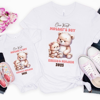 Custom Name Our First Mother's Day Parent-Child Matching Shirts, Animal Mama & Kid Design Mom T-Shirt & Baby Bodysuit Set, Gift for Newborns/New Mom