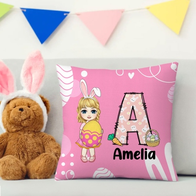 Personalized Cute Bunny Character Hug Easter Egg Pillowcase, Custom Name Easter Pillow Cover, Easter Home Decor, Easter Gift for Kid/Boys/Girls