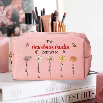 Custom Names & Birth Flowers Grandma's Garden Toiletry Bag, PU Leather Travel Makeup Bag with Zipper, Birthday/Mother's Day Gift for Her/Mom/Grandma