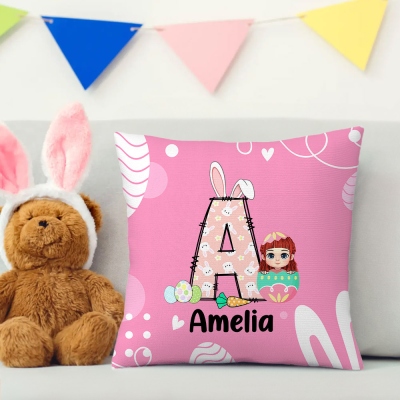 Personalized Cartoon Eggshell Character Pillowcase with Bunny Alphabet, Custom Name Multicolor Easter Pillow Cover, Easter Gift for Kids/Boys/Girls