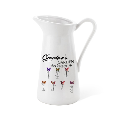 Custom Names Birth Month Butterflies of Grandma's Garden Vase, Women's Ceramic Mug Vase, Home Decor, Birthday/Mother's Day Gift for Her/Mom/Grandma