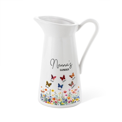 Custom Names & Birth Month Butterflies of Grandma's Garden Vase, Women's Ceramic Mug Vase, Home Decor, Birthday/Mother's Day Gift for Her/Mom/Grandma