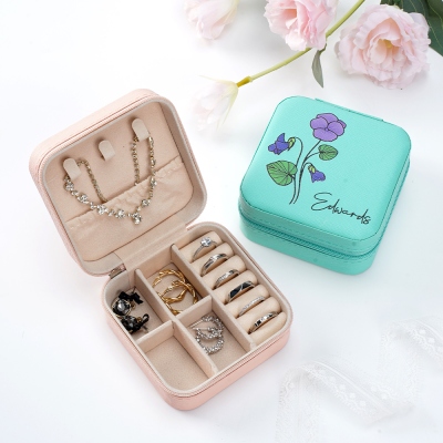 Personalized Name Birth Flower Jewelry Box, PU Leather Floral Travel Jewelry Case, Birthday/Mother's Day/Wedding Gift for Her/Mom/Bridesmaids