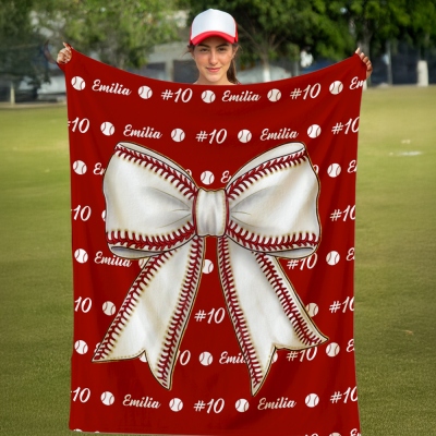 Personalized Name & Number Ball Sports Coquette Bow Blanket, Flannel/Sherpa Soft Bed Couch Throw, Children's Day/Birthday Gift for Sports Lovers/Kids