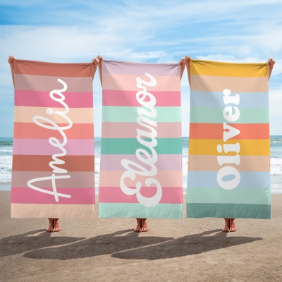 Personalized Name Color Block Striped Beach Towel, Quick Dry Microfiber Bath Towel, Vacation/Beach/Pool Party Favor, Gift for Kids/Family/Friends