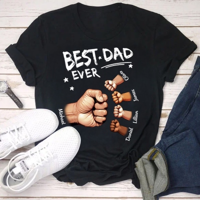 Personalized Dad & Kids Fists Bump T-shirt with Names, Best Dad/Grandpa Ever Family Hands T-shirt, Father's Day Gift for Dad/Grandpa/Husband